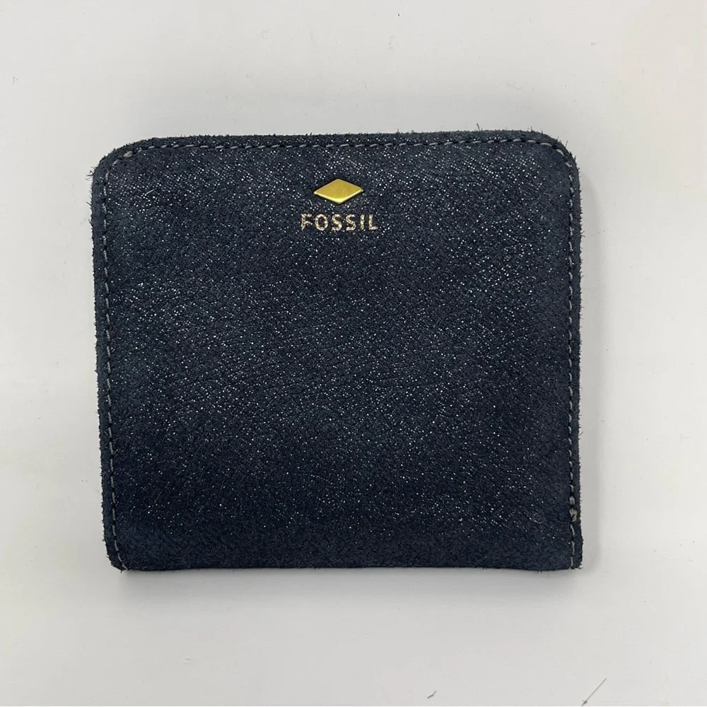 Fossil Madison Bifold Wallet Black Shimmer Nubuck Suede RFID Zippered Coin Pouch - Picture 2 of 11